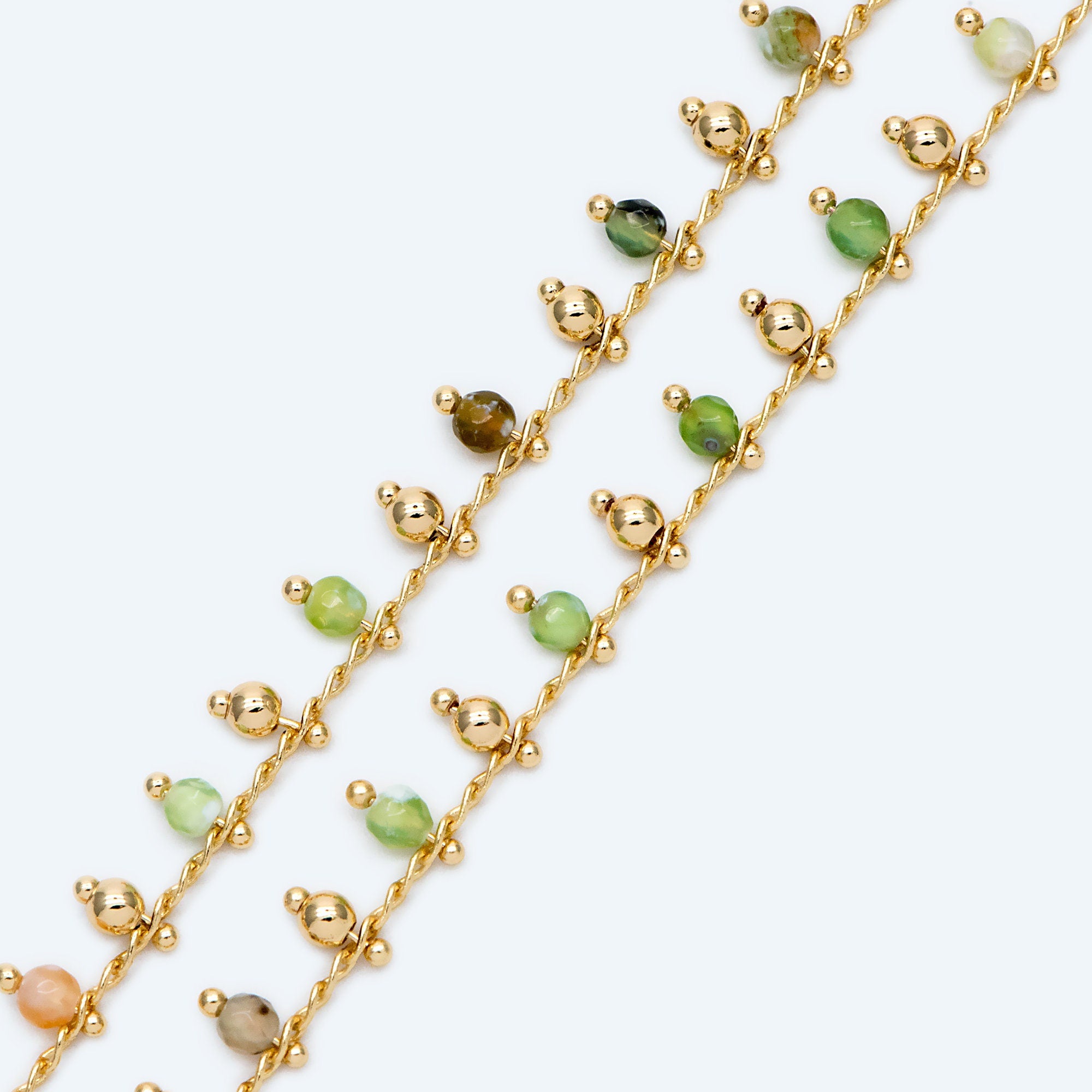 Gold Beaded Chain, Green Gemstone Chains, Curb Chain with 3.5mm Round Beads, DIY Necklace Bracelet Chain Supplies (#LK-456)/ 1 Meter=3.3ft